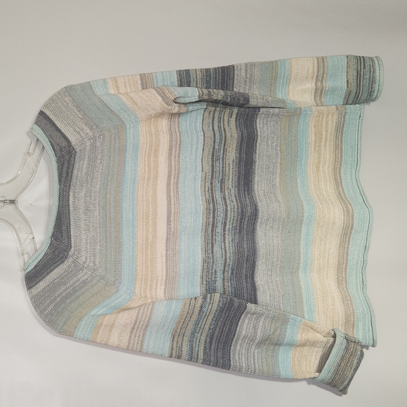 Eddie Bauer Blue Cream Striped V-neck Cotton Blend Sweater Size Small - Picture 7 of 7